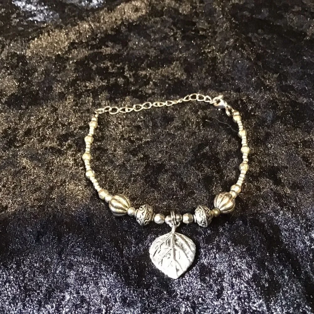 Silver Tone Beaded Leaf Charm Bracelet Adjustable Nature Fairy Boho Woodsy Fall